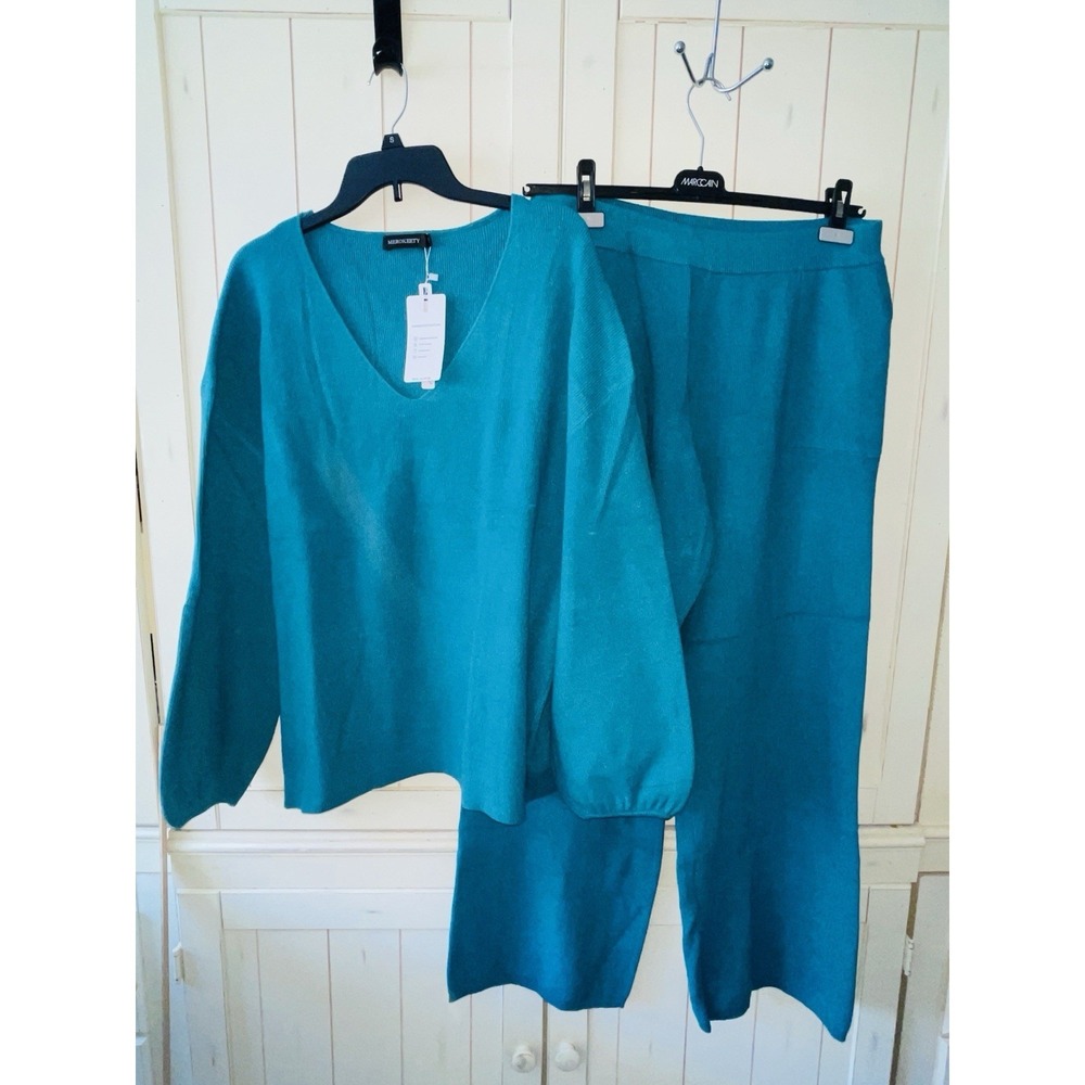 MEROKEETY Women's Lounge Sets Blue Fashion 2 Piece Outfits Sweater TOP/PANTS XL